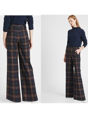 Banana Republic Navy Plaid Check Tartan HIGH-RISE SLIM WIDE-LEG PANT 6S